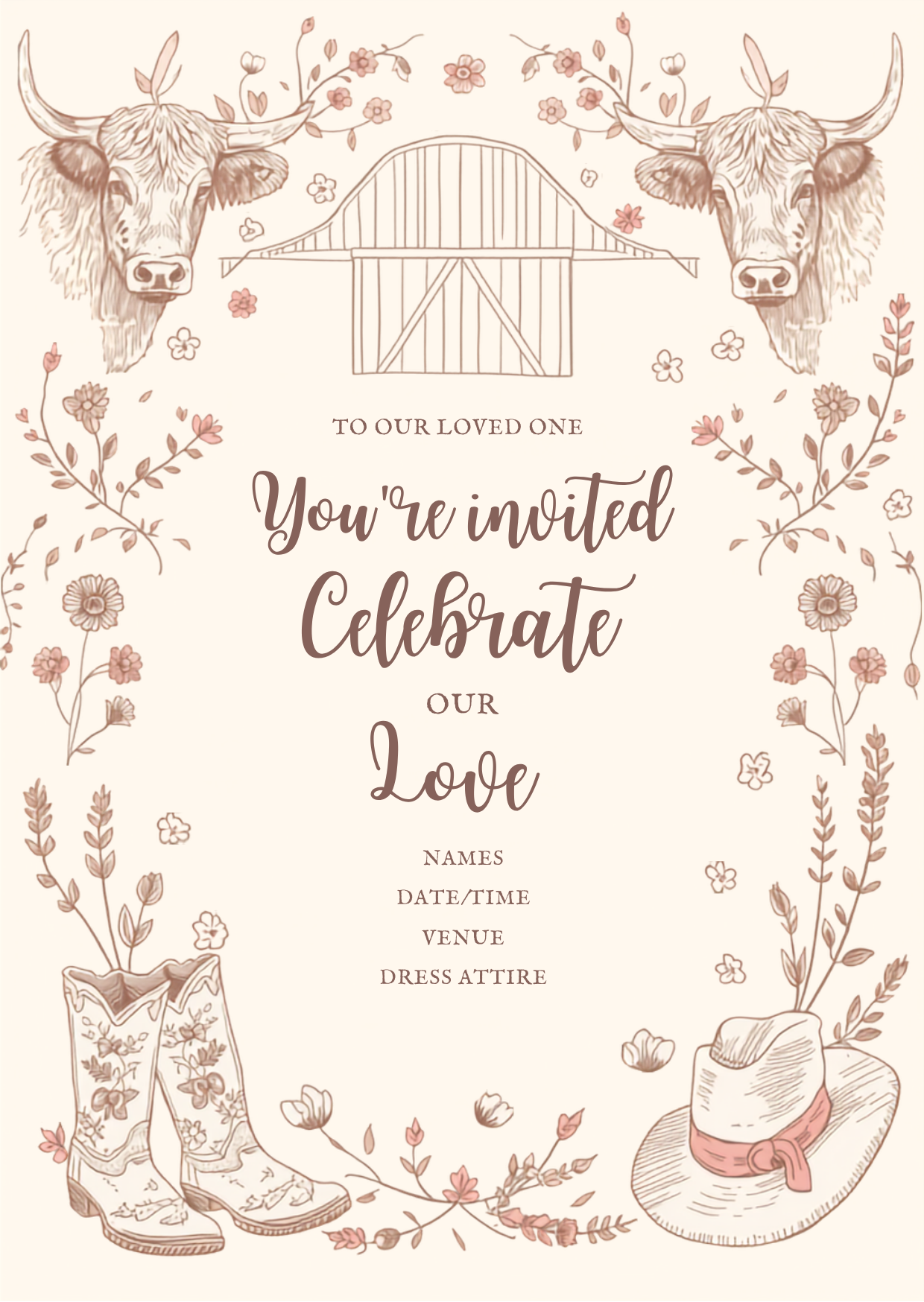 Country Wedding Invitation Template – Rustic Floral Design